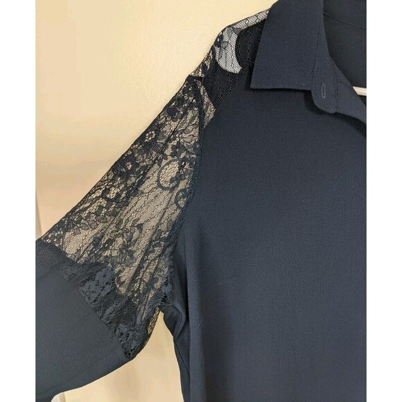 City Chic Button Down Shirt Lacy Hi-Lo Navy Blue Lace Long Sleeve Size 16 - Picture 8 of 11